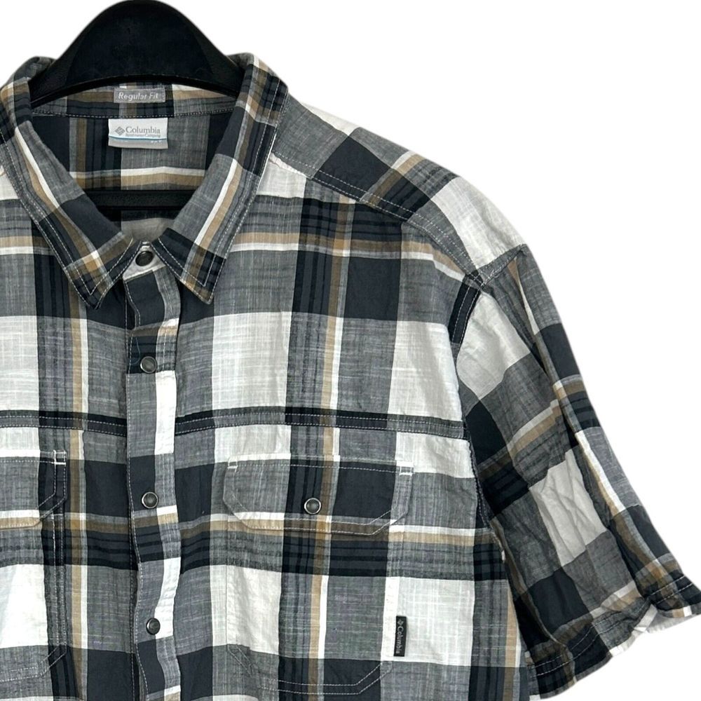 Columbia Men's 2XLT TALL Pearl Snap Plaid Cotton Short Sleeve‎ Grey + White 2XT